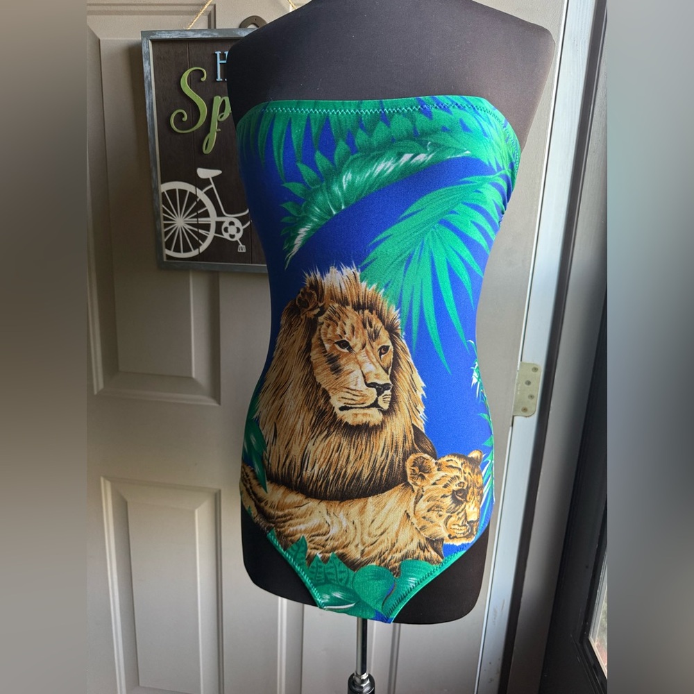 Rare vintage 80s Ste Jan-Marie strapless lion jungle one piece swimsuit, size 12